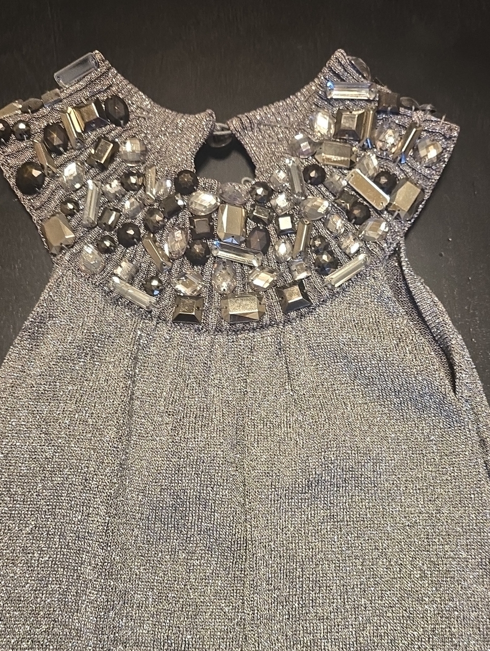 Cache- Embellished Silver Metallic Jewel Neck Sleeveless Top
